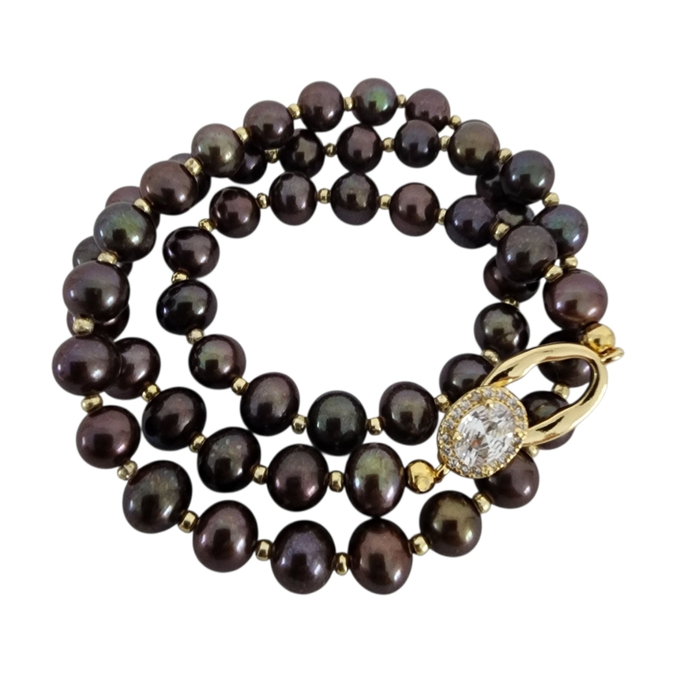Pearl necklace near round purple peacock pearls gold CZ clasp pave A0076 -Q2